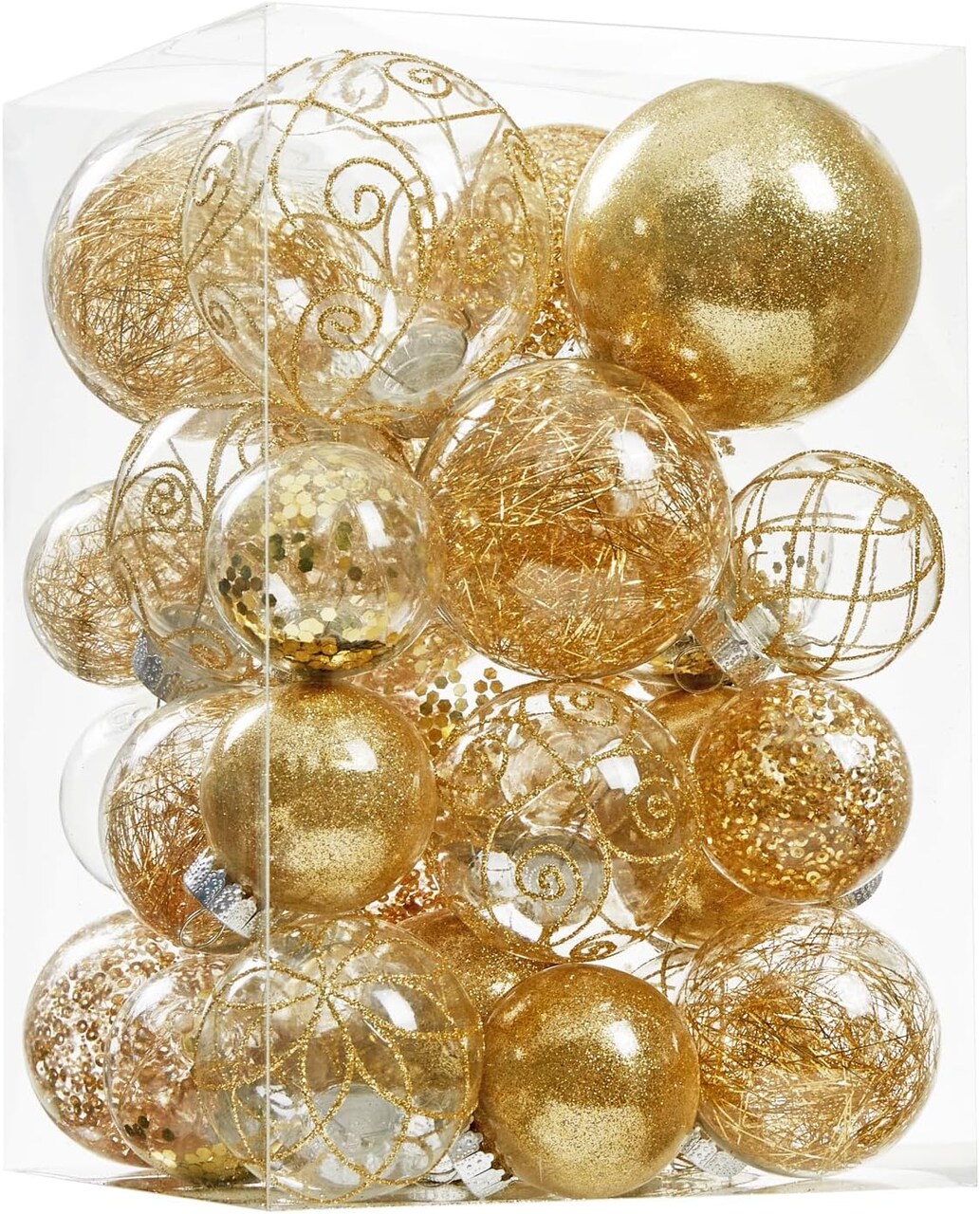 Christmas Ball Ornaments Shatterproof Clear Large Plastic Hanging Ball Decorative Baubles Set with Stuffed Delicate Decorations (Multi-Size, Gold)